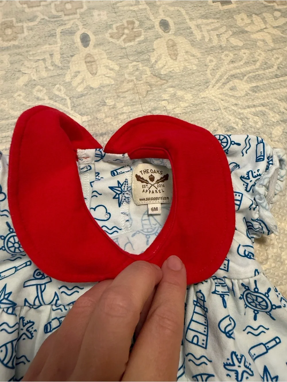 Nautical-Print Baby One-Piece with Red Peter Pan Collar
